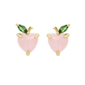 Elegant S925 sterling silver pink heart apple stud earrings with green leaf detail