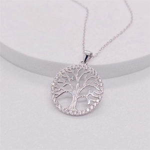 S925 sterling silver tree of life circle pendant necklace with sparkling white zircons