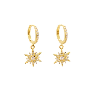 Pair of gold S925 sterling silver huggie earrings with sparkling starburst charms