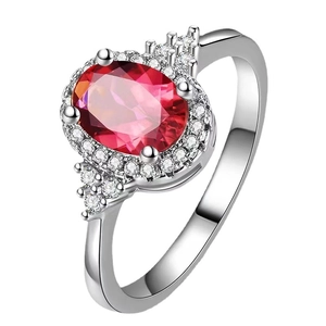 Elegant S925 sterling silver ring with oval ruby center stone and halo diamonds