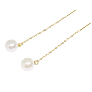 Elegant S925 sterling silver gold-plated long threader earrings with white round pearls