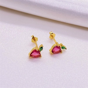 S925 silver fruit stud earrings featuring heart-shaped red crystals on white silk