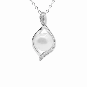 Collier élégant en argent S925 avec pendentif feuille spirale et perle blanche ronde