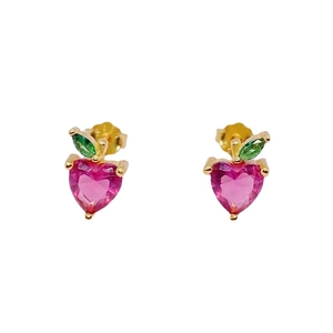 Boucles d'oreilles pomme en argent S925 avec cœur rose et gemmes feuilles vertes