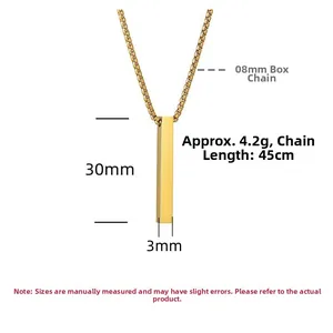 Macro detail of a 30x3mm gold bar pendant on a box chain, 45cm sterling silver necklace