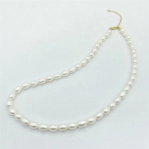 Detail of s925 silver necklace featuring natural freshwater pearls and golden spring clasp