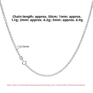 Size chart for S925 sterling silver O-chain showing 1mm 2mm and 3mm width details