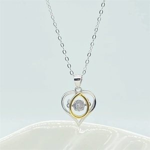 S925 sterling silver heart pendant necklace with two-tone design and zircon center stone