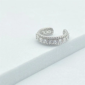 Elegant S925 sterling silver ear cuff with sparkling zircons and twisted rope texture