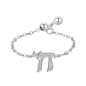Adjustable S925 sterling silver chain ring with Chai symbol and clear cubic zirconia