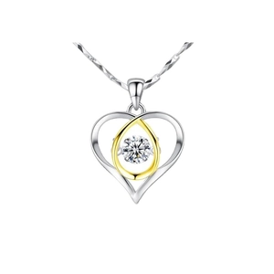 S925 sterling silver heart pendant necklace with dancing stone and two-tone gold finish