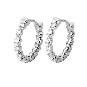 S925 sterling silver hoop earrings with twisted rope texture and sparkling pave zircon