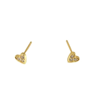 Close-up of golden S925 silver heart studs with three inlaid mini zircons