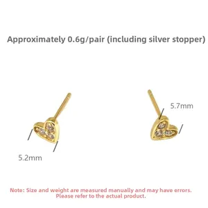 Detailed view of S925 silver heart studs with zircons, 5.2x5.7mm size, weight 0.6g