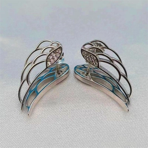 S925 Sterling Zilveren Engelenvleugel Oorknopjes met Zirkonia en Blauw Emaille Detail