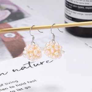 Handcrafted S925 silver hook earrings with cluster of woven freshwater pearls