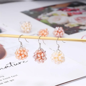 Handmade S925 silver hook earrings with woven natural freshwater pearl cluster pendants