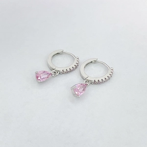 Detailed view of S925 sterling silver hoop earrings with pink pear-cut zircon drops