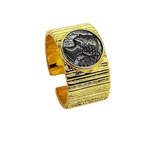 Retro S925 sterling silver coin ring with portrait relief and adjustable open band