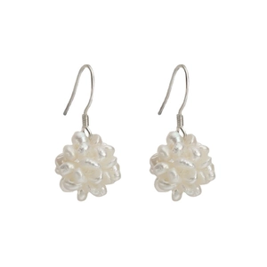Handmade S925 silver hook earrings featuring woven natural freshwater pearl spheres