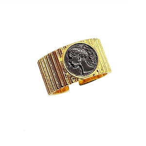Vintage gold wide band ring with vertical stripes and black classical portrait coin
