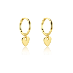 Detail view of gold S925 sterling silver heart dangle earrings with a reflective finish
