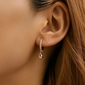 Elegant 18K gold S925 silver hoop earrings with white zircon and pear-cut drop pendant
