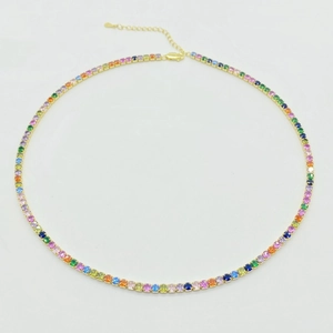 Top view of colorful S925 sterling silver tennis necklace with vibrant zircon gemstones
