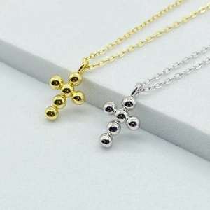 925 Sterling silver bead cross necklace in gold and silver finish with polished surface