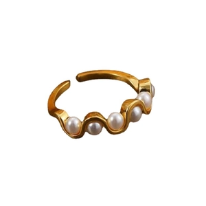 Elegant 18k gold plated wave open ring featuring five lustrous pearls for women