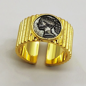 Retro S925 silver coin ring with portrait relief and gold textured adjustable band
