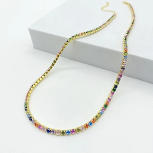 Rainbow tennis necklace in S925 sterling silver with colorful zircon gemstones on white cube