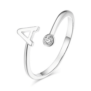 Detailed close-up of a 925 silver adjustable ring featuring letter A and a zircon stone