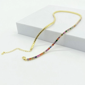 Detailed view of S925 silver rainbow tennis necklace with colorful zircon and lobster clasp