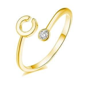 Detailed close-up of golden letter C ring with shimmering cubic zirconia stone