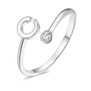Detailed close-up of 925 sterling silver open ring with letter C and round zircon stone