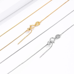 Adjustable S925 sterling silver box chain with needle tip and slider bead in gold and silver