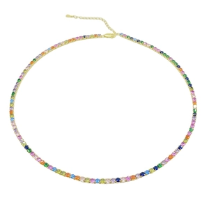 Rainbow tennis necklace in gold plating with colorful zircon stones and adjustable chain