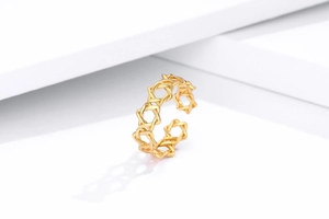 Close-up of golden hollow star geometric open ring with minimalist layered background