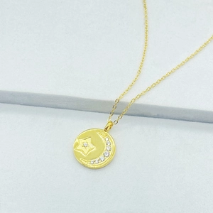 S925 sterling silver gold plated star and moon pendant necklace with white zircons