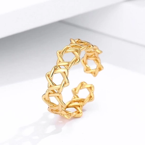 925 Sterling Silver Hollow Hexagram Open Ring For Women Chic Geometric Star Of David Adjustable Electroplated Finger Jewelry