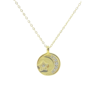 S925 sterling silver gold plated necklace with celestial moon and star disc pendant