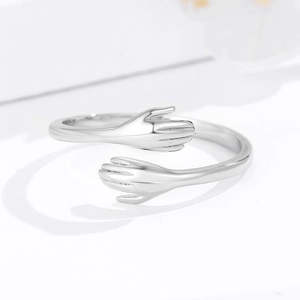S925 sterling silver hug ring with adjustable open band and unique hands design