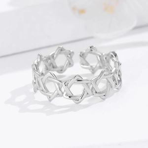 Polished 925 sterling silver open ring featuring interconnected hollow star designs