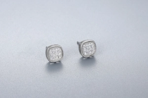 Close-up of S925 sterling silver square stud earrings with pave set zircon crystals