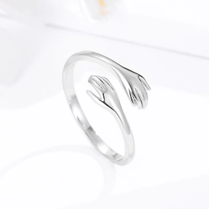 Minimalist S925 sterling silver hug ring with hands design and adjustable open band