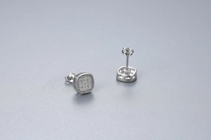 Detail of square S925 sterling silver stud earrings with micro-pave zircon stones