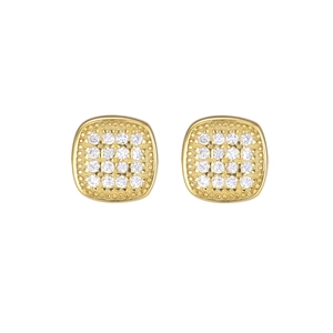 Detailed close-up of square gold earrings featuring micro-paved sparkling cubic zirconia