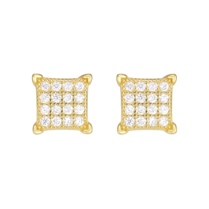 Close-up of golden square stud earrings with 16 sparkling crystals in a vintage setting