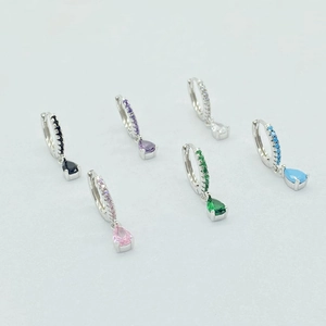 Detailed flat lay of six S925 silver hoop earrings with colorful pear-cut zircon pendants